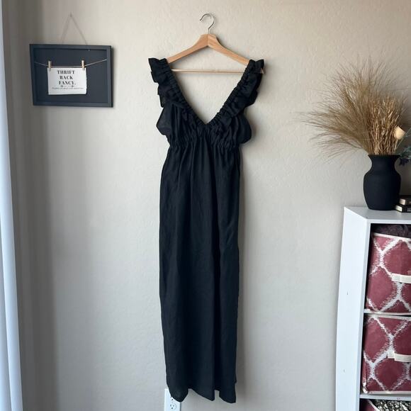 Harly Jae Dress Milos Black Linen Ruffled V-Neck Minimalist Maxi Dress Size L‎ - Picture 2 of 11